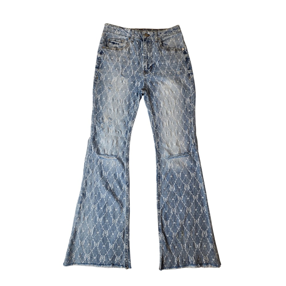 No Boundaries Butterfly Print Flare‎ Jeans Size 7 Blue Distressed Y2K Fairycore